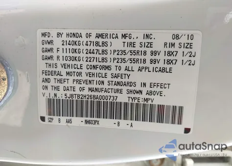 2011 Acura Rdx из США, поврежденный, VIN 5J8TB2H26BA000737